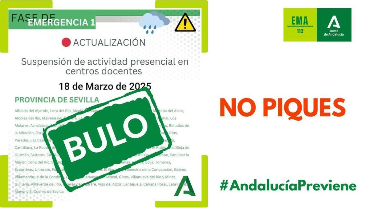 Alerta, bulo: circula un falso aviso de suspensión de clases por las lluvias este martes en Sevilla