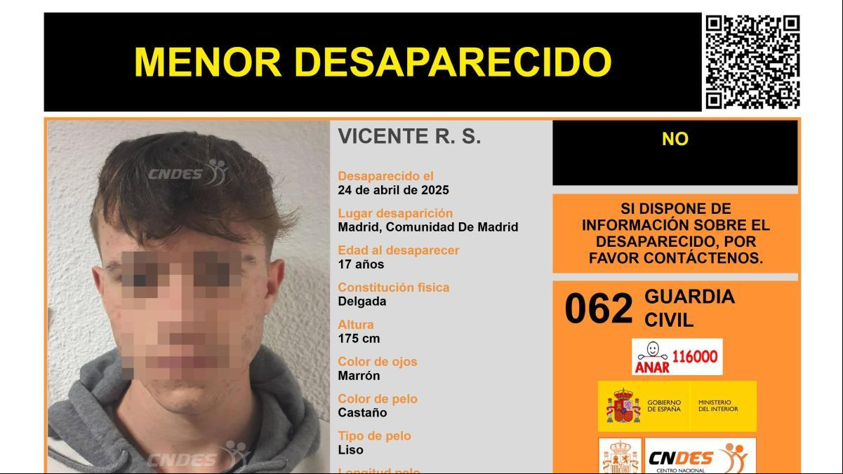 Sin rastro de Vicente R. S., un menor de 17 años desaparecido en Madrid