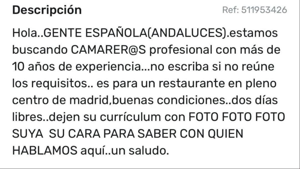 Indignación por la oferta de trabajo para encontrar un camarero en Madrid que discrimina y pide más de 10 años de experiencia: “Me parece lamentable, denuncia ya”