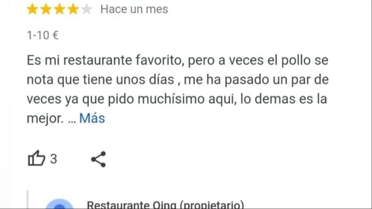 La alucinante respuesta de un restaurante a la crítica de un cliente: Si no tuviera unos días sería un huevo, no un pollo