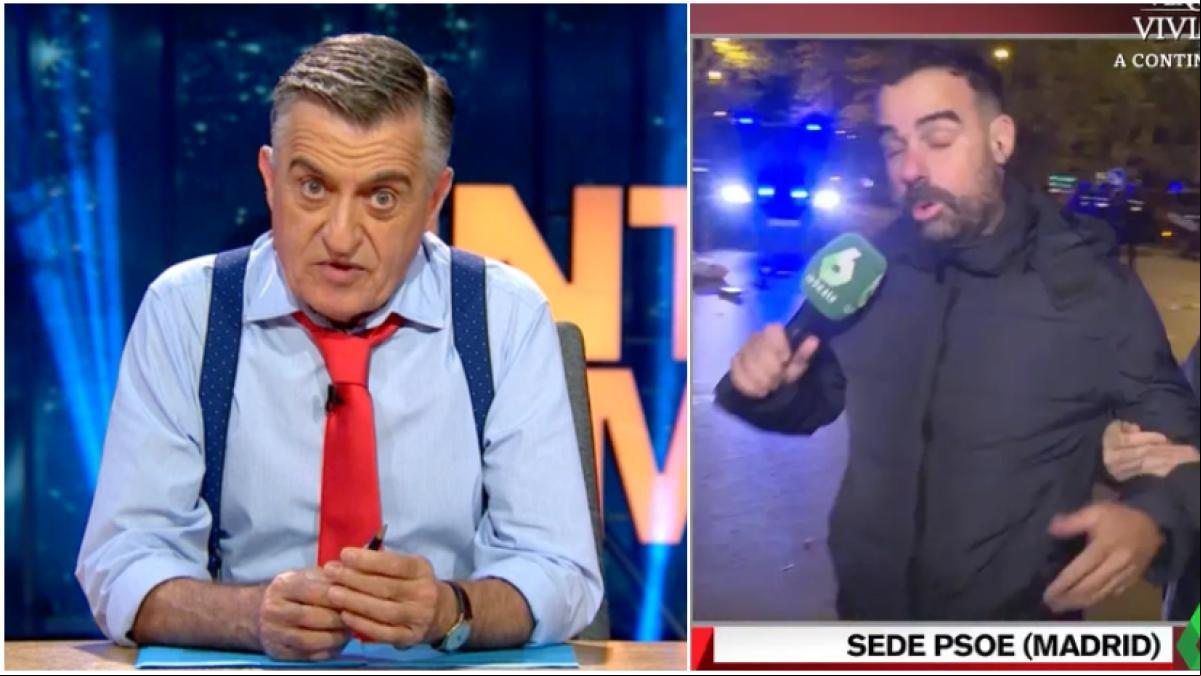 Insultan y agarran al reportero de ‘El Intermedio’ en la manifestación de Ferraz y Wyoming pide ayuda a la policía en directo