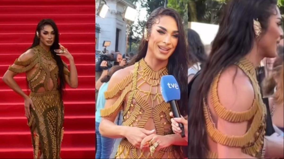 Una drag queen aparece en un evento de moda con un vestido de macarrones y causa furor en la red: Le habrá costado una pasta
