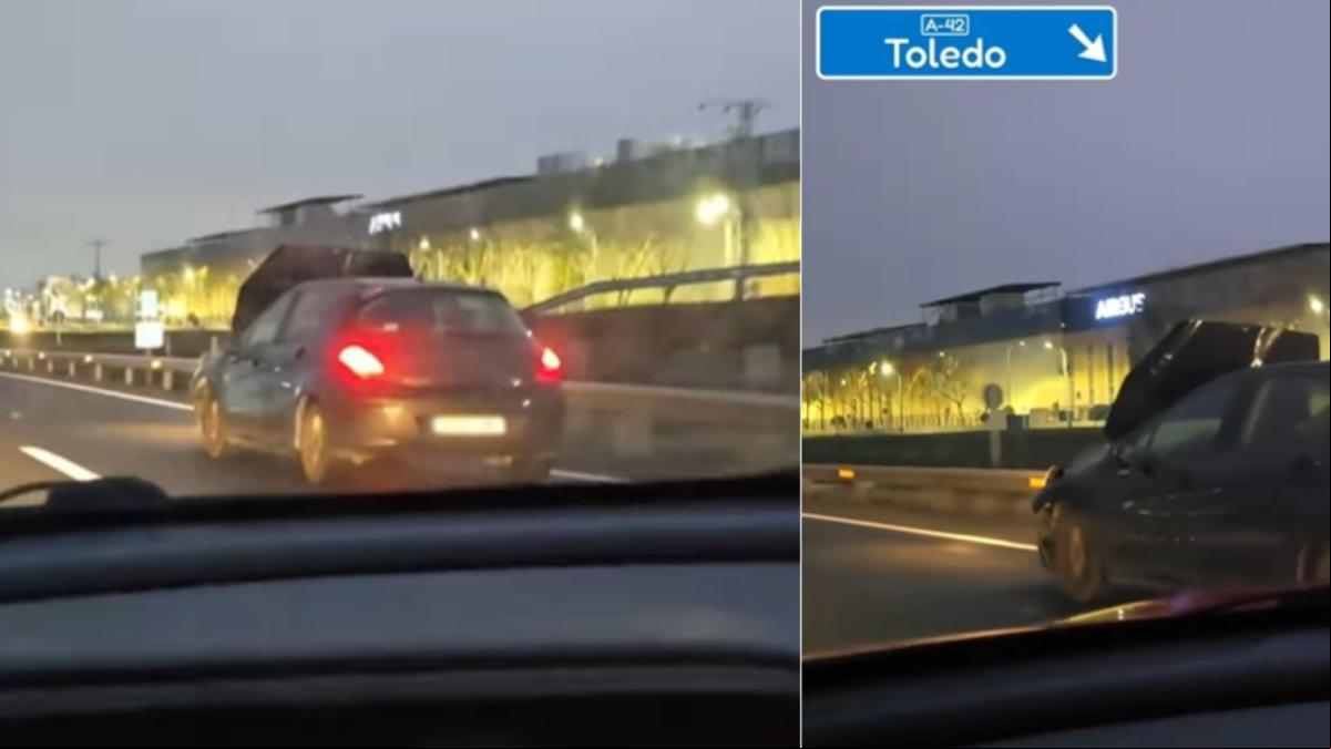 Circula por la autopista con el capó de su coche tapándole toda visibilidad: “¿Cuando pensaba parar?”