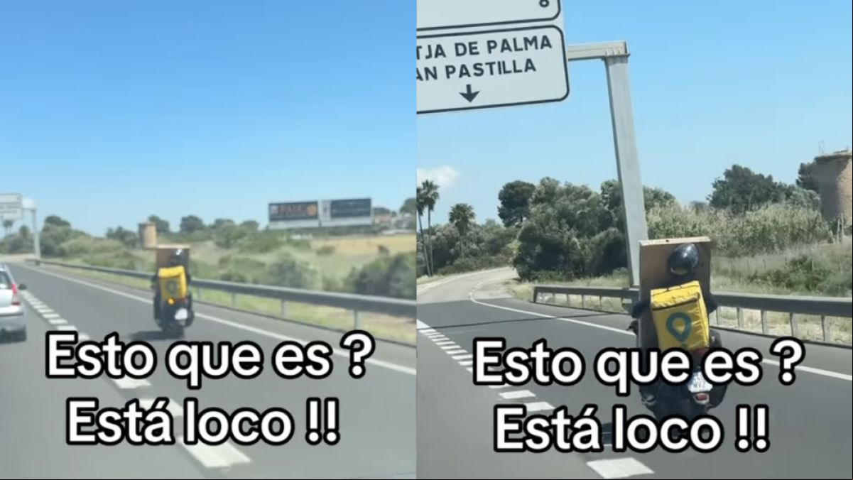 El surrealista y peligroso comportamiento de un repartidor de Glovo llevando un paquete en plena autovía en Mallorca: “De Palma al cielo”